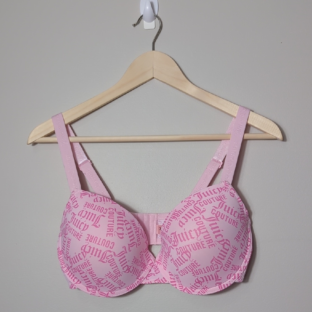 Juicy Couture Pink 38D Push Up Bra All Over Logo Print NWOT Romantic Wide Straps
